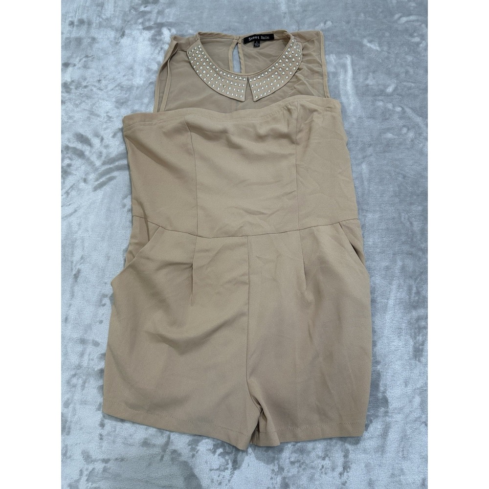Sweet Rain Romper Size Large Beige Beaded Sleeveless Pockets Side Zipper‎ EUC